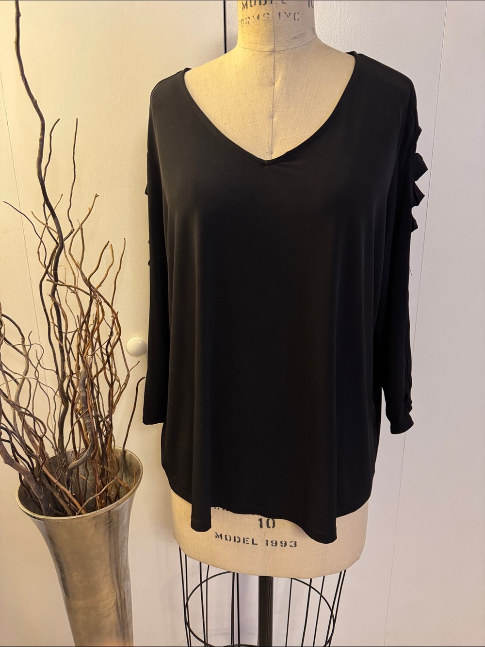 Susan Graver Black V-Neck Long Sleeve Top with cross cross accent sleeve - Picture 1 of 7